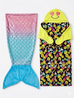 Justice Bundle: Sequin Mermaid Tail Blanket and Emoji Hearts Hooded Wrap